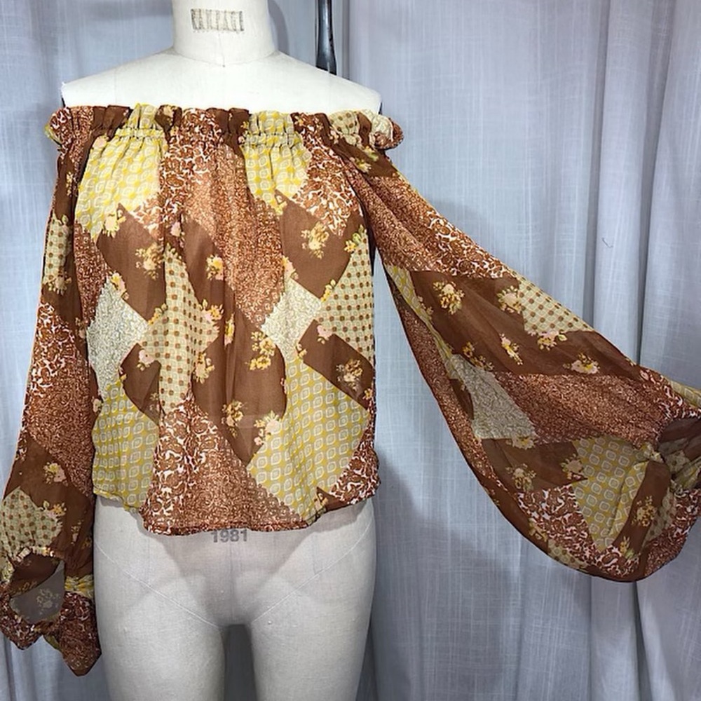 Live 4 truth sheer patchwork print off the shoulder crop top yellow brown